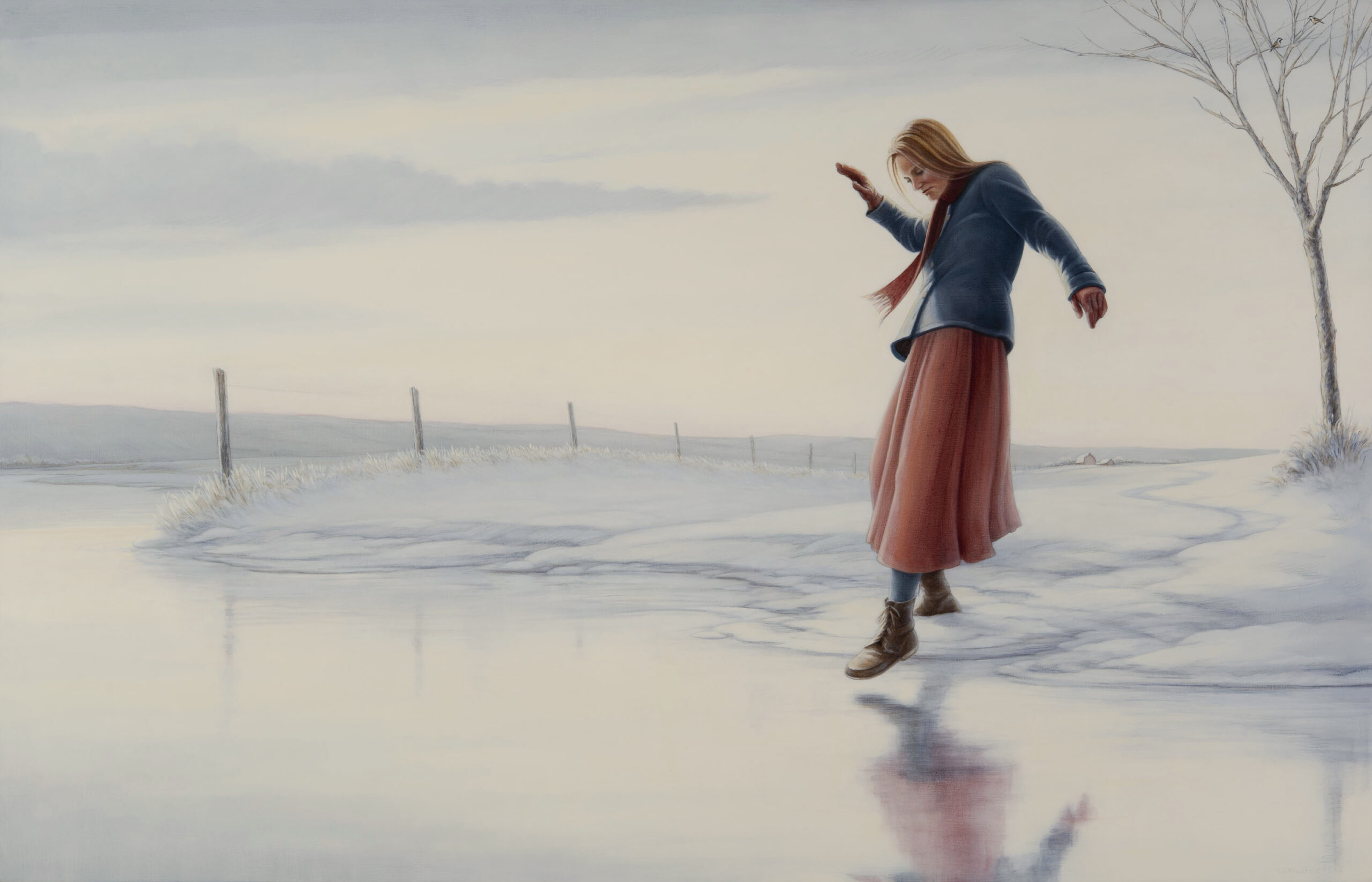 Testing the Ice, 2025. Graphite & oil on wood panel, 27x42" Sold